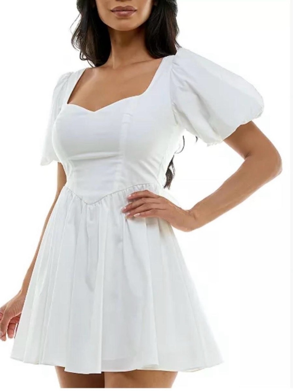 B Darlin White Puff Sleeve Mini Dress with Sweetheart Neckline